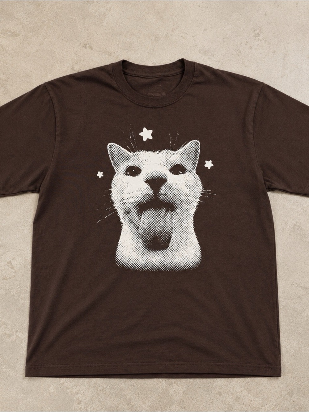Gildan Brown Tee with White Cat Graphic and Stars